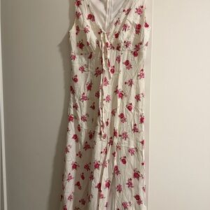 Floral Tie-Front Maxi Dress - White with Pink Rose Print